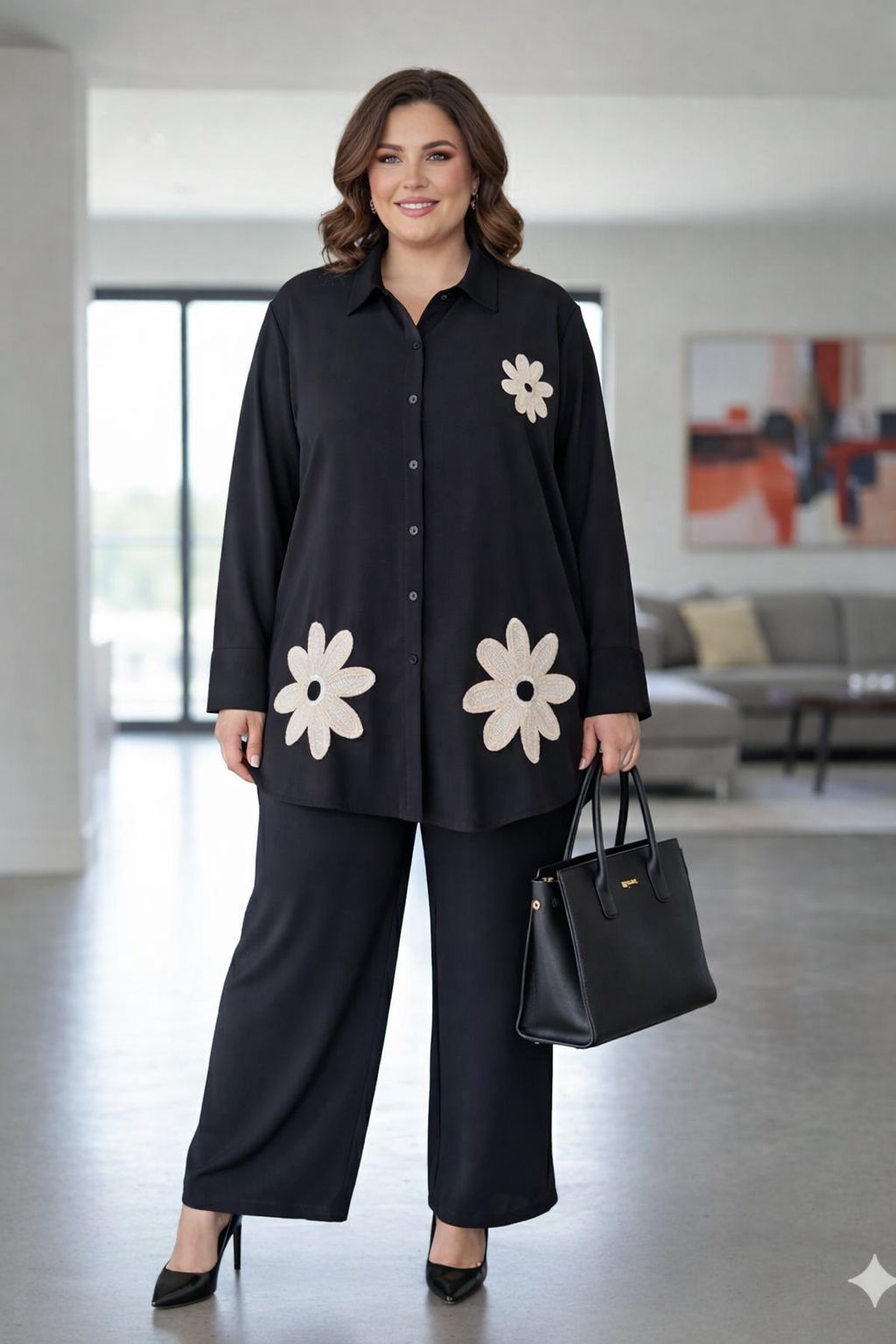 D'MAYE  Midnight Daisy Embroidered Shirt Set