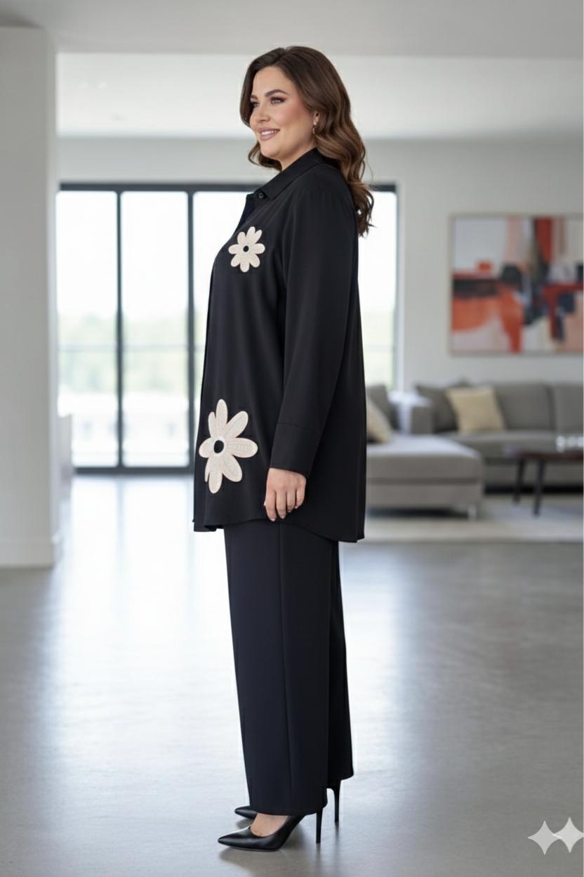 D'MAYE  Midnight Daisy Embroidered Shirt Set