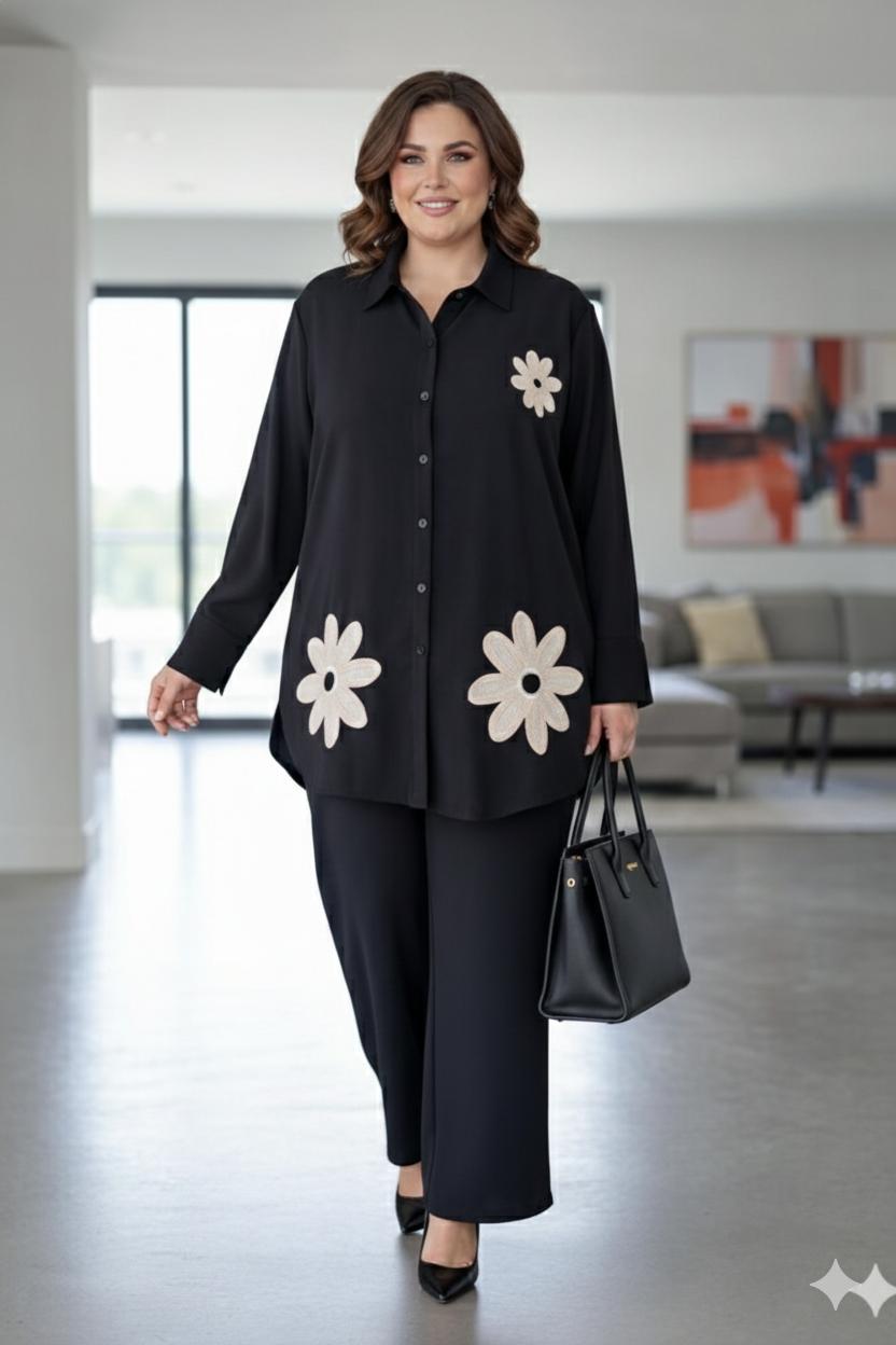 D'MAYE  Midnight Daisy Embroidered Shirt Set
