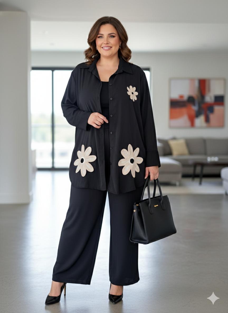 D'MAYE  Midnight Daisy Embroidered Shirt Set