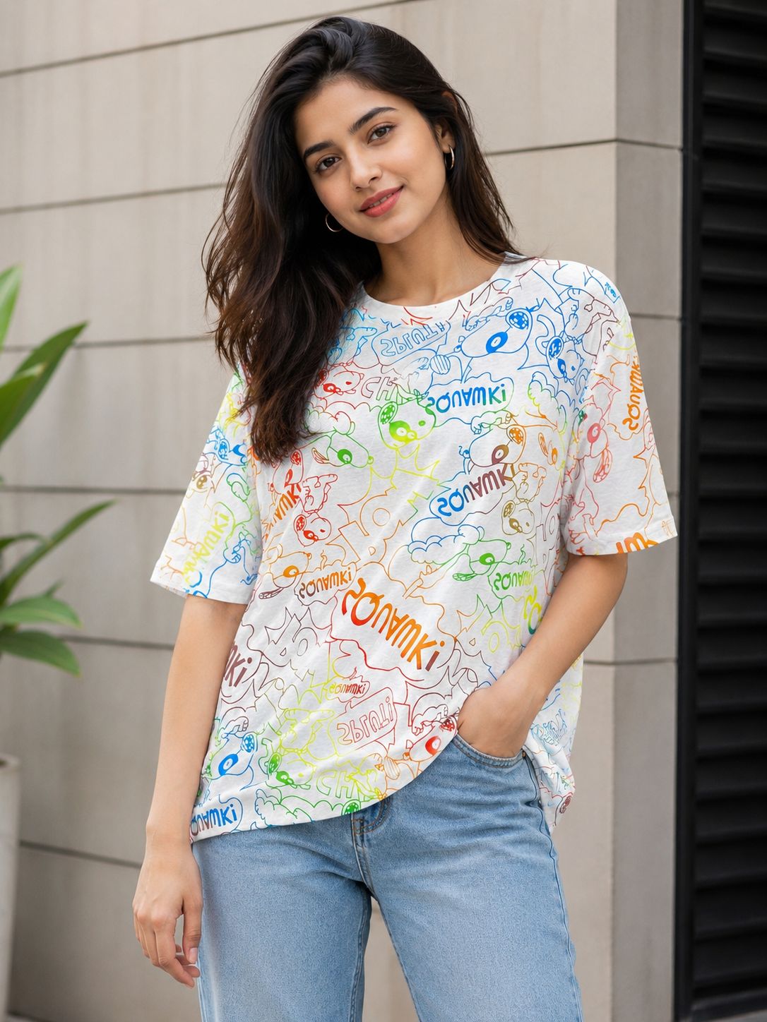 Oversized Cartoon Graffiti Printed T-Shirt for Women | Korean Streetwear Tee