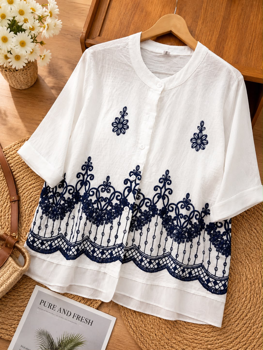 Premium Embroidered Cotton Shirt for Women | Available in Pink, Navy Blue & White
