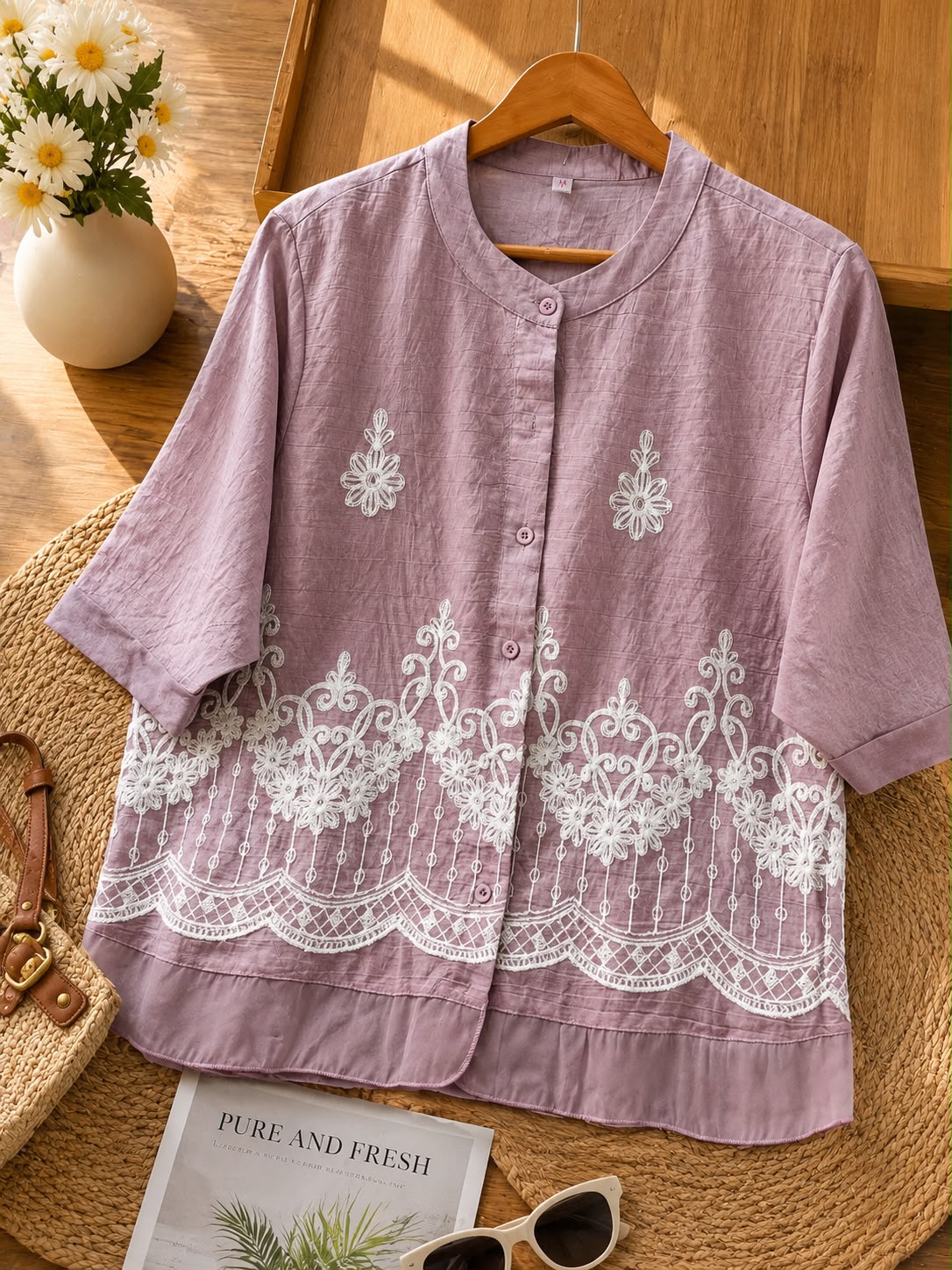 Premium Embroidered Cotton Shirt for Women | Available in Pink, Navy Blue & White