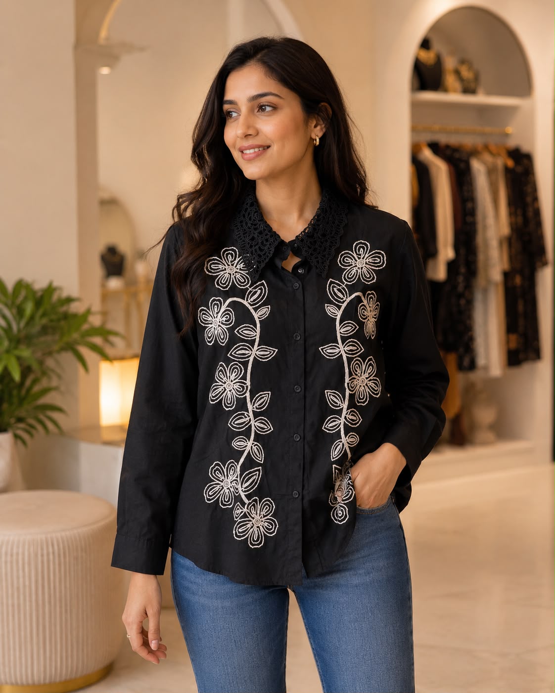 Floral Embroidered Cotton Shirt – Available in Black, Blue, Pink & White