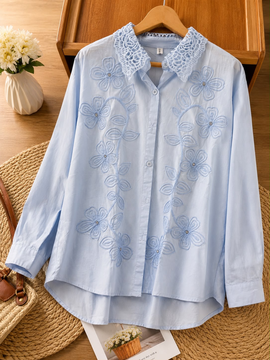 Floral Embroidered Cotton Shirt – Available in Black, Blue, Pink & White