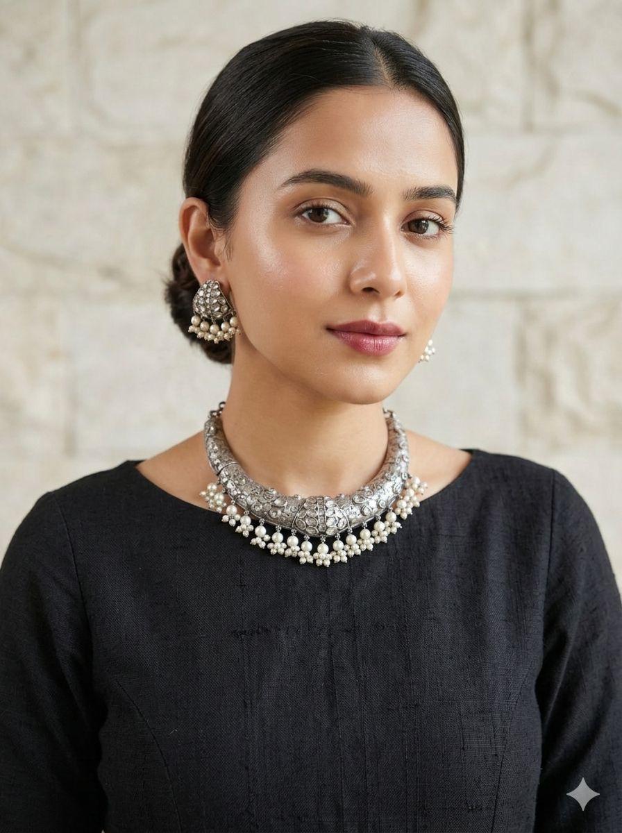 Premium Oxidised Pearl Choker Necklace Set for Women