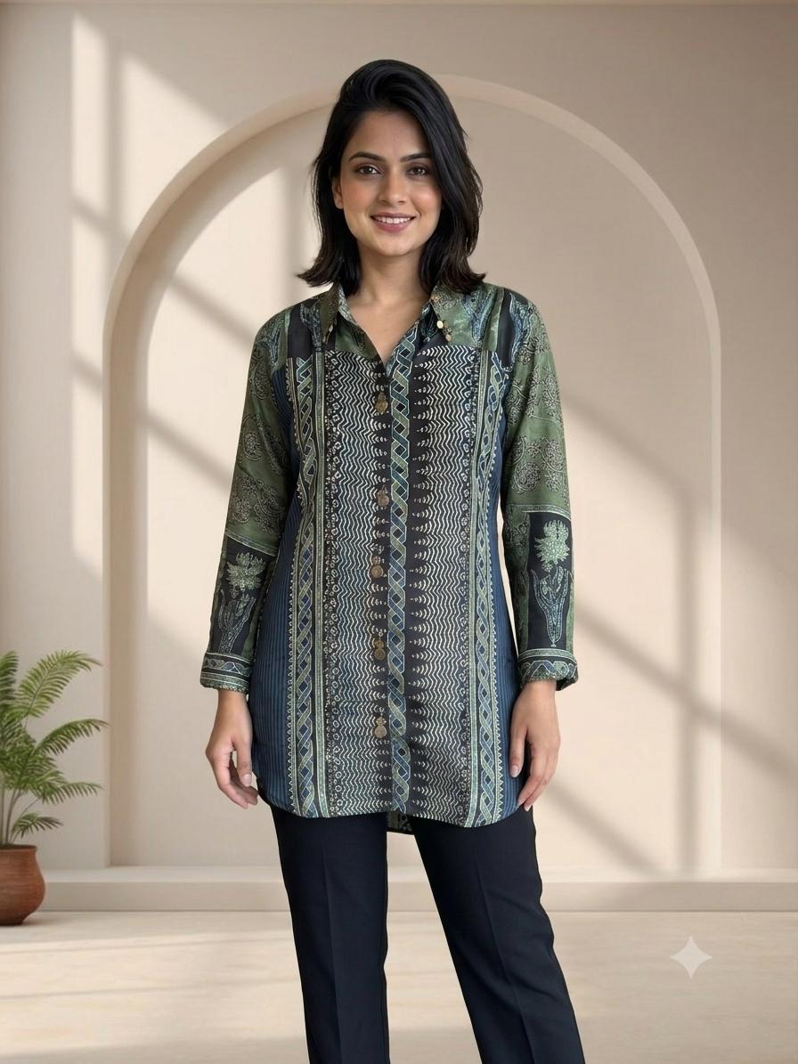Women's Pure Cream Crepe Printed Shirt | Premium Long Casual & Office Wear Shirt
