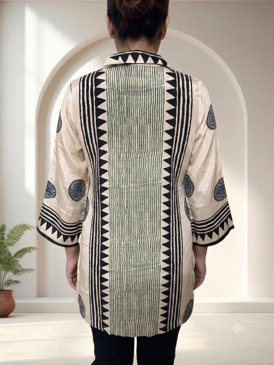 Women's Cream Pure Crepe Printed Shirt | Premium Long Casual & Office Wear Shirt