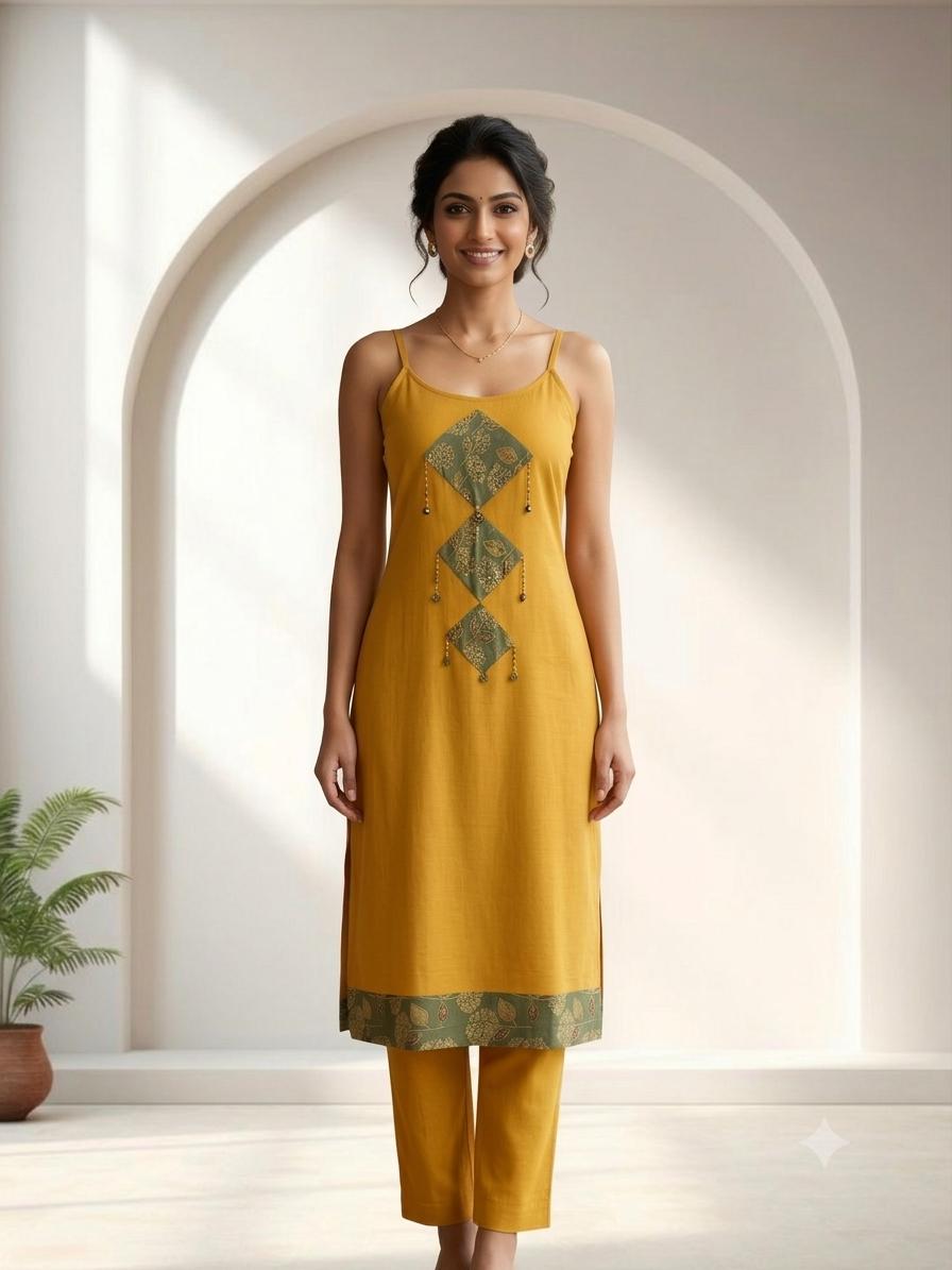 Women's Mustard Cotton  Co-Ord Set | Printed Kurta with Straight Pants | Casual & Festive Wear | D'MAYE