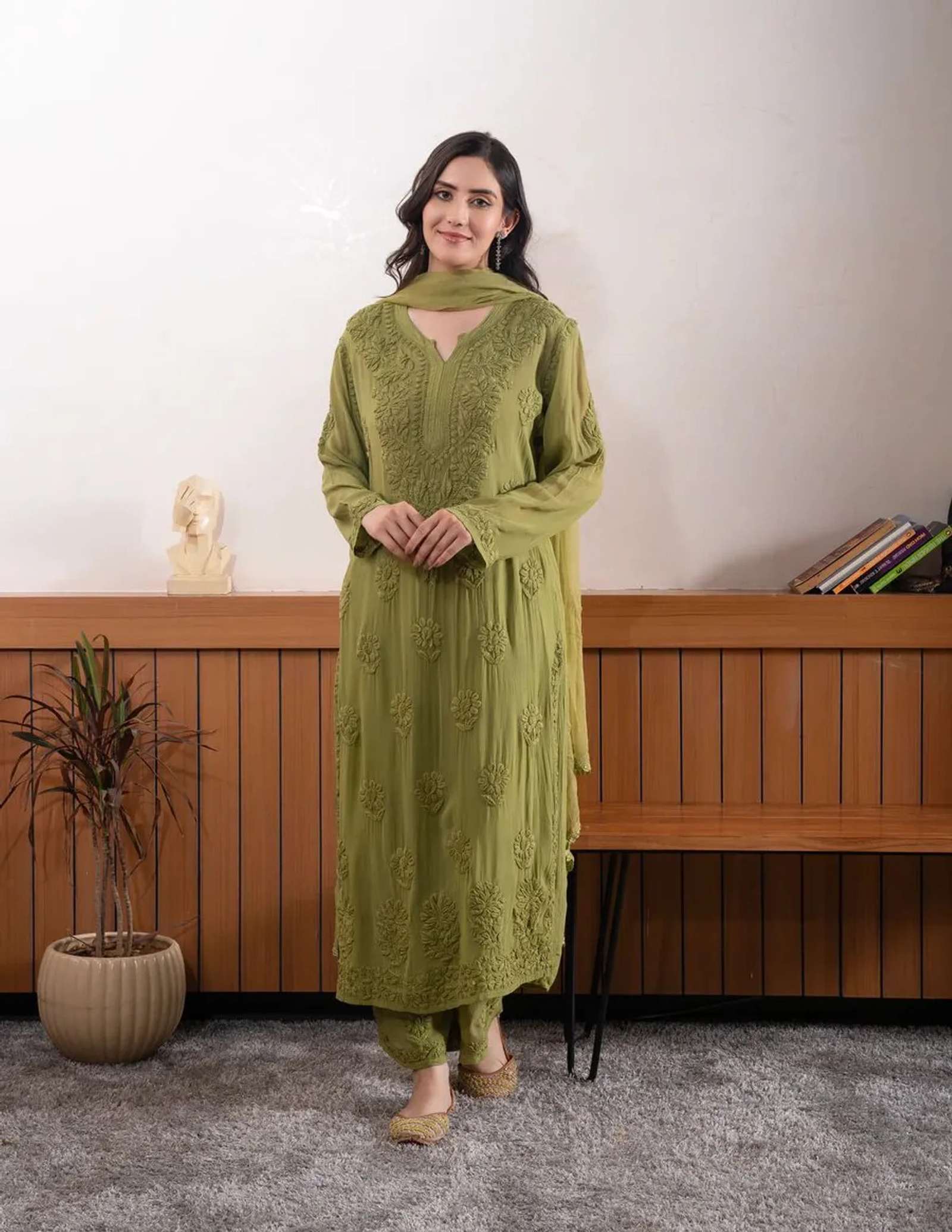 Suhaayi Women Georgette, Cotton Blend Kurta Palazzo Dupatta Set