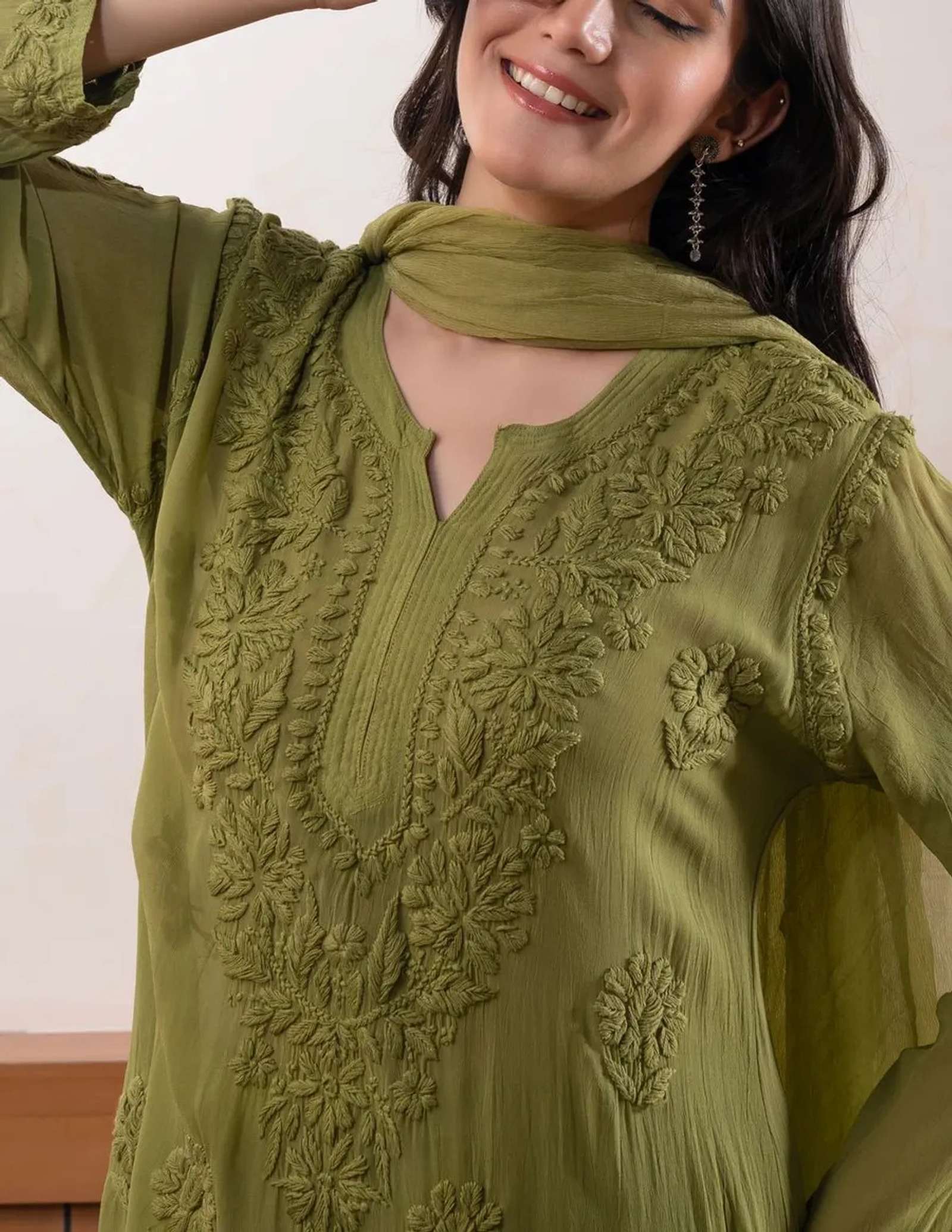 Suhaayi Women Georgette, Cotton Blend Kurta Palazzo Dupatta Set